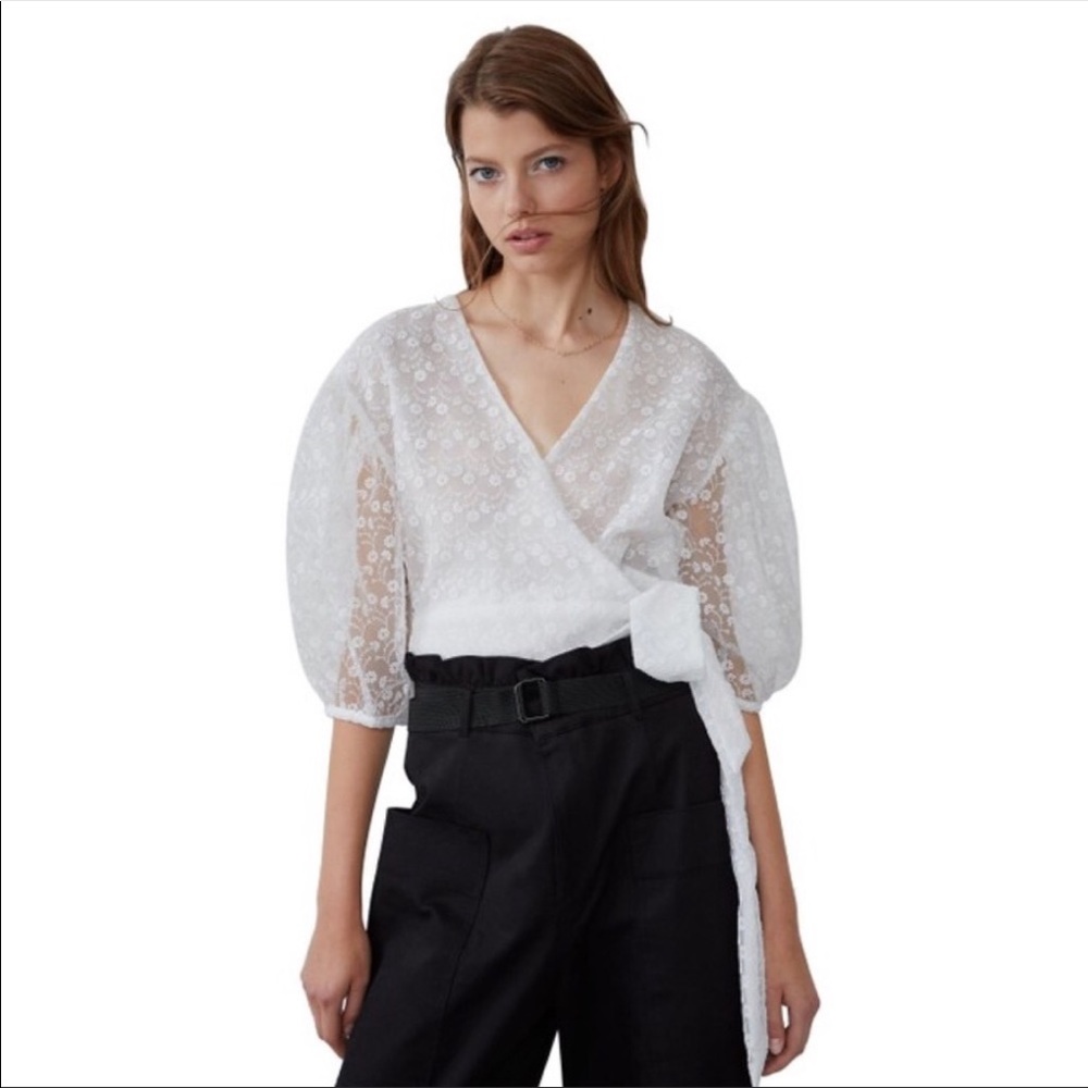 ZARA EMBROIDERED WHITE ORGANZA WRAP BLOUSE
